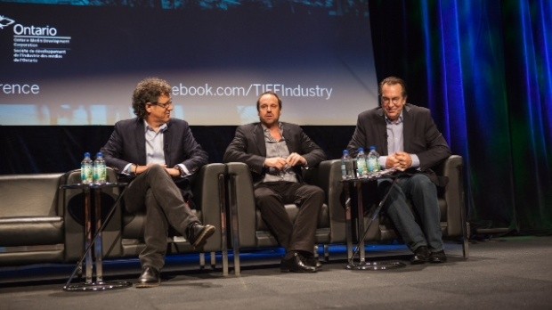 (l to r): Jim Berk, CEO, Participant Media; Jeff Skoll; Steve Gaydos, Variety magazine