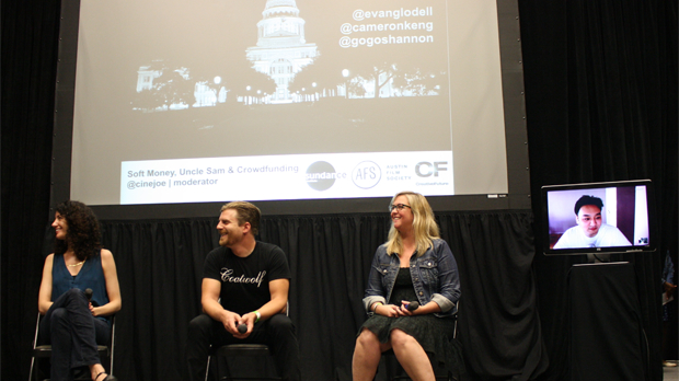 Crowdfunding panelists (L-R) attorney Deena Kalai, filmmaker Evan Glodell, Indiegogo's Shannon Swallow and tax adviser Cameron Keng via Skype. Photographer: Chale Nafus